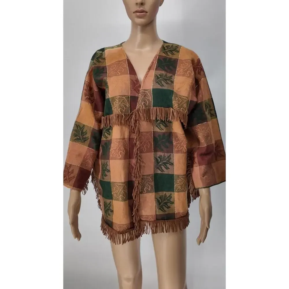 Vintage Boho Patchwork Fringe Jacket Brown Green Burgundy Suede Style L